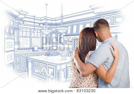 Curious Young Military Couple Looking Over Custom Kitchen Design Drawing.