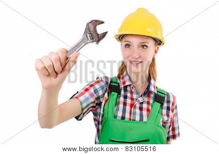 Constructon worker female with wrench isolated on white
