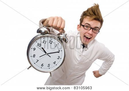 Funny doctor with alarm clock isolated on white