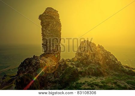 Old Photo With Ruins Fortress Siria On Sunset Light