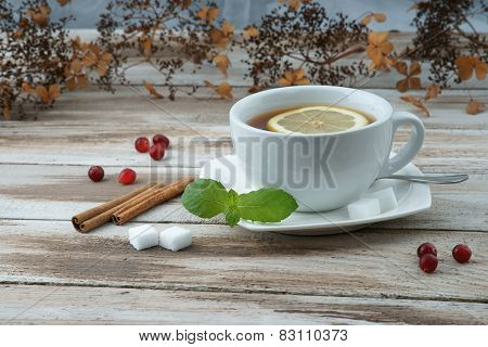 Cup of tea with cranberry and mint leaf