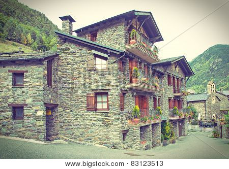 Typical Traditional Dark Brick Andorra Rural Houses - Postcard Look