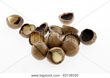Shelled And shelled Macadamia Nuts On White Background
