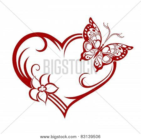 Decorative Composition Of Curls And Ornamented Abstract Silhouette Butterfly, Heart And Flower