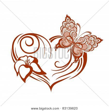 Decorative Composition Of Curls And Ornamented Abstract Silhouette Butterfly, Heart And Flower