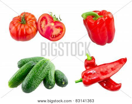 Fresh Big Tomatoes , Red and Ramiro Peppers , Cucumbers isolated on white background