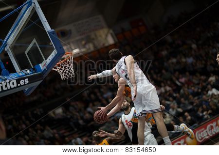 VALENCIA, SPAIN - FEBRUARY 15: Nedovic with ball during Spanish League match between Valencia Basket Club and Real Madrid at Fonteta Stadium on February 15, 2015 in Valencia, Spain