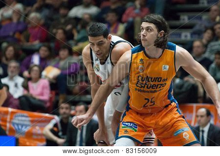 VALENCIA, SPAIN - FEBRUARY 15: Mejri and Loncar 25 during Spanish League match between Valencia Basket Club and Real Madrid at Fonteta Stadium on February 15, 2015 in Valencia, Spain