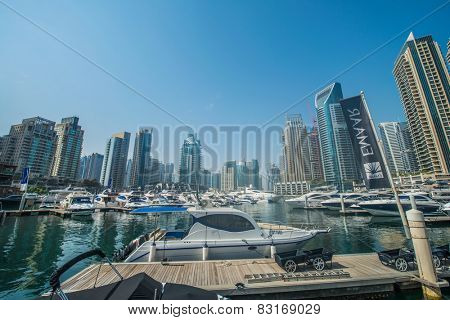 Dubai - AUGUST 9, 2014: Dubai Marina district on August 9 in UAE, Dubai. Dubai Marina district is a popular residential and business area.