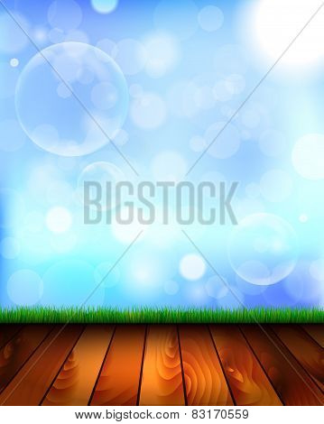Natural Background With Wooden Floor, Grass And Sky