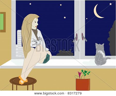 Mädchen sitzen in der Fensterbank