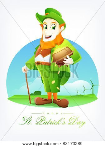 Happy leprechaun holding stick with glossy gold coins pot on nature view background for St. Patrick's Day celebration.