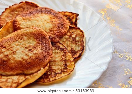 Small Pancakes On A White Plate. Wide Pancake Week