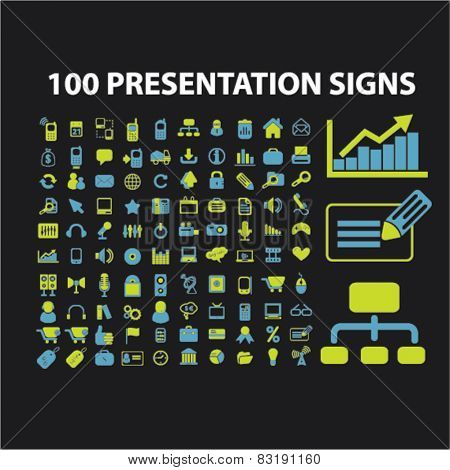 100 presentation, marketing, chart, infographics isolated flat icons, signs, symbols illustrations, images, silhouettes on background, vector