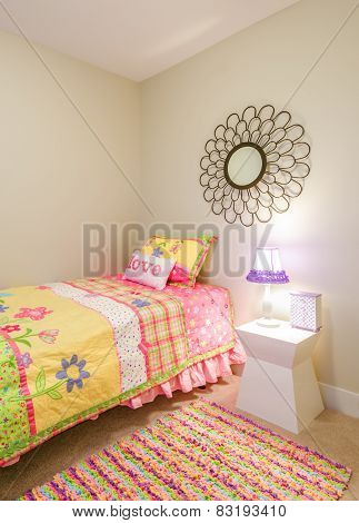 Children's girl's pink princess bedroom playroom. Interior design.