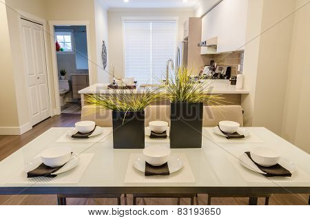Modern dining room set for dinner