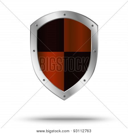 Metal shield with hazard symbol in the center. Protection symbol.