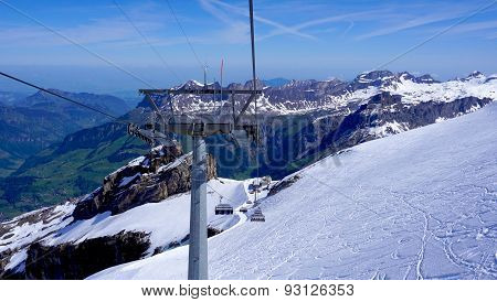 Ski Cable Car Structure At Snow Mountains Titlis