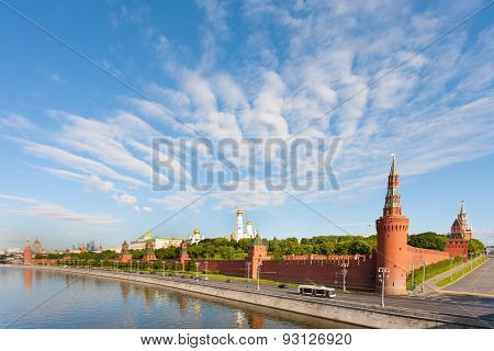 Moscow Kremlin On Moscva River Shore In Sunny Morning