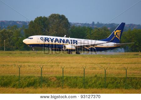 BUDAPEST, HUNGARY - MAY 27: Airliner of Ryanair landing at Budapest Liszt Ferenc Airport, May 27th 2015. Ryanair is the largest low-cost carrier in Europe