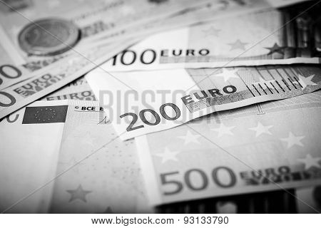 Closeup Of Euro Banknotes And Coins