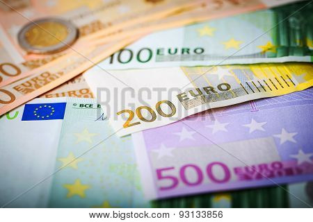 Closeup Of Euro Banknotes And Coins
