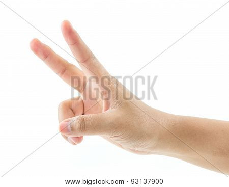 isolated girl hand shows the number two Hand with two fingers up in the peace or victory symbol. Also the sign for the letter V in sign language. Isolated on white.