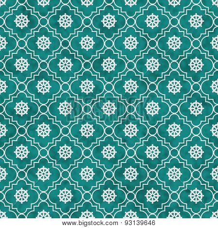 Teal And White Wheel Of Dharma Symbol Tile Pattern Repeat Background