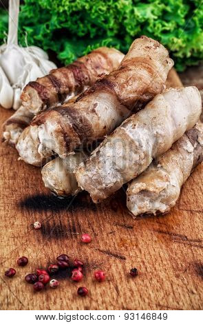 Set Fried Meat Sausages On Wooden Background
