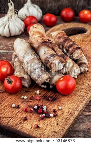 Set Fried Meat Sausages On Wooden Background