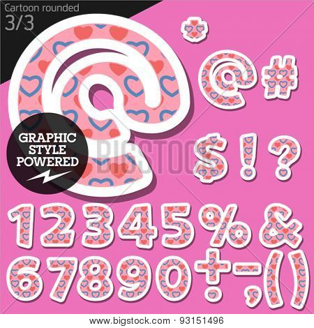 Vector children alphabet set in flirty pink heart style. File contains graphic styles available in Illustrator. Symbols and numbers