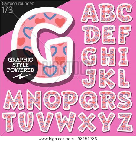 Vector children alphabet set in flirty pink heart style. File contains graphic styles available in Illustrator. Uppercase letters