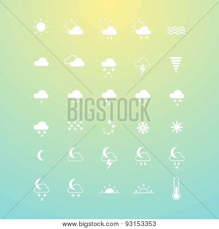 Weather icons on yellow and blue background. Set of symbols for