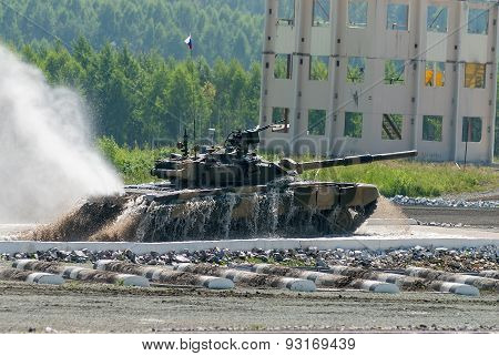 Tank T-80 moves after water ford