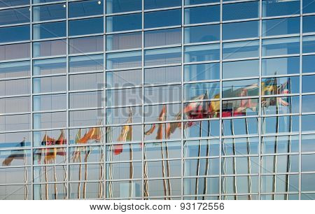 All European Union Member Countries Flags Reflected In European Parliament Facade