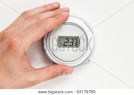 digital climate thermostat controlling by hand