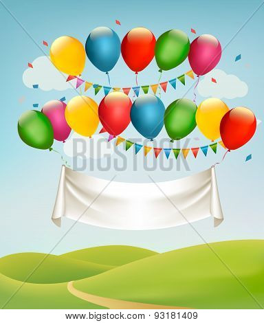 Happy Birthday Banner With Balloons And Landscape. Vector. Vector.