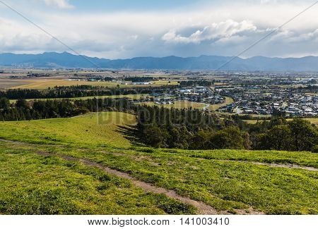 view of Blenheim and Wairau plains from Wither Hills, New Zealand