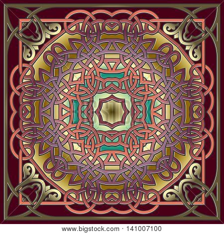 vector design elements Abstract gold decor with a pattern of interwoven lines of red color in a square frame
