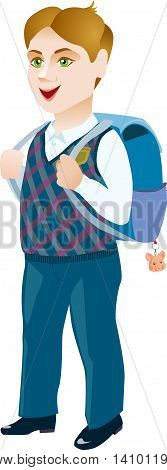 Schoolboy with backpack on a white background.