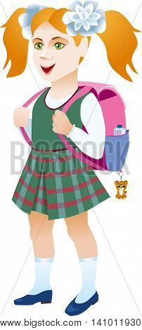 Schoolgirl with backpack on a white background.