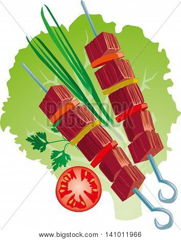 delicious barbecue on lettuce leaf with onions and tomatoes