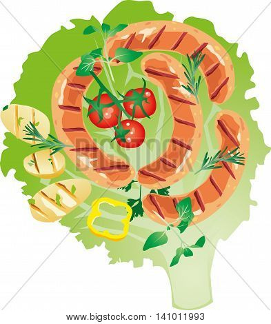 delicious grilled sausage  on lettuce leaf with with tomato and sweet pepper, potatoes,  with oregano, parsley, rosemary