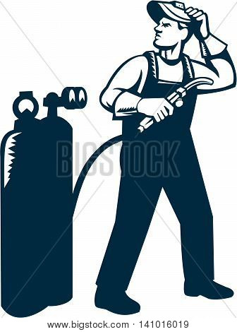 Illustration of welder worker standing with visor up looking to the side holding welding torch with tank viewed from front set on isolated white background done in retro style.