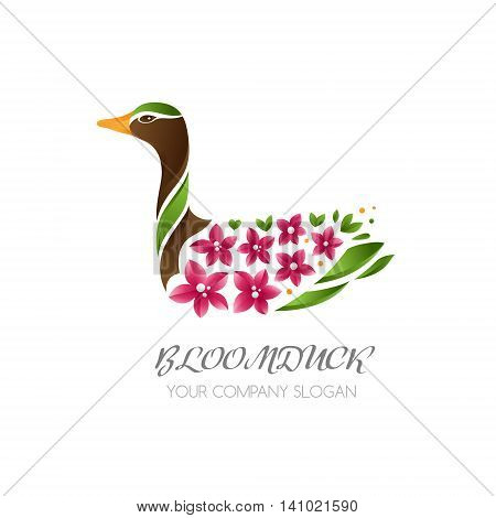 Duck bird icon. Duck with flowers on wings. Abstract vector logo template for wedding beauty or spa salon.