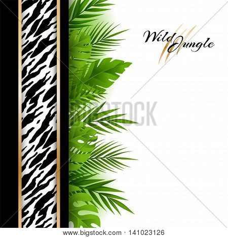 Wild tropical jungle background with tiger pattern and green palm leaves vertical border. Vector card with copy space in material design style.