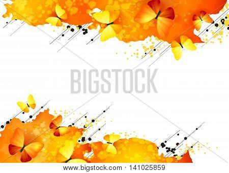Abstract orange banner with butterflies and bright color design elements. Horizontal vector background