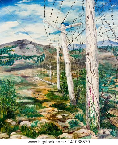 The posts with barbed wire. Oil painting