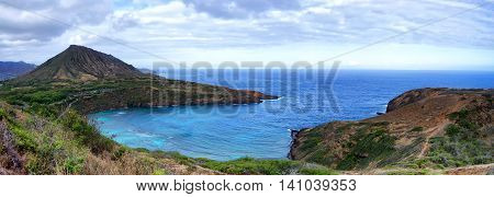Panorama of Hanauma Bay located just outside Honolulu, Hawaii.  The bay is famous for snorkeling.