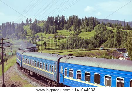 train in the Carpathians at Vorokhta Ukraine